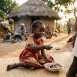 Young girl in a red patterned dress eating from a bowl while sitting outdoors near round thatched huts.