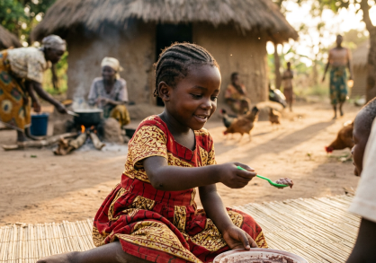 Young girl in a red patterned dress eating from a bowl while sitting outdoors near round thatched huts.