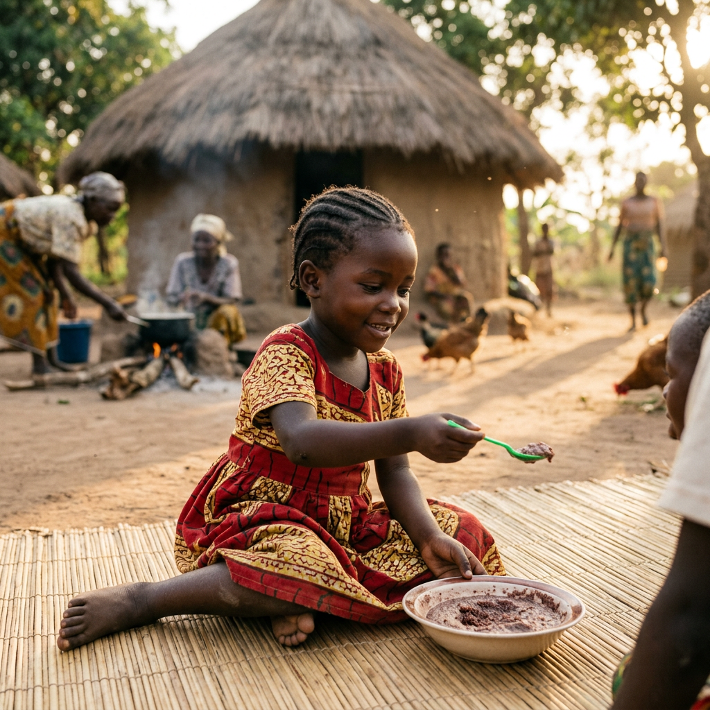 Young girl in a red patterned dress eating from a bowl while sitting outdoors near round thatched huts.